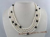 mpn037 Four strands cultured pearl necklace with black agate beads