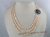 mpn048  pink nugget pearl and crystal triple strands neckalce