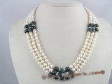 mpn063 Three strands white potato pearl necklace with Green-Phantom beads