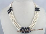 mpn064 Three strands white potato pearl necklace with blue sand stone beads