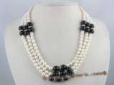 mpn065 Three strands white potato pearl necklace with black agate