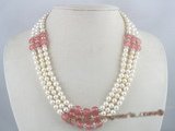 mpn066 Three strands white potato pearl necklace with watermelon stone