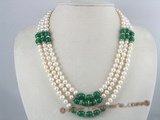 mpn069 Three strands white potato pearl necklace with chinese jades