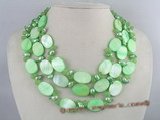 mpn073 three rows 7-8mm blister pearl and oval shell necklace in green color