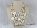 mpn083 triple-strands white potato shape pearl necklace with shell beads