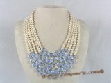 mpn099 Five rows white potato shape pearl necklace with blue crystal
