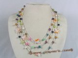 mpn105 Three strands multi-color side drill pearl necklace with crystal beads