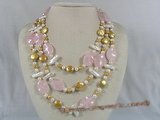 mpn106 Triple strands coin shape pearl necklace with rose quartz
