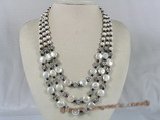 mpn109 Triple strands potato and coin shape pearl necklace with black crystal beads