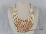 mpn111 Five rows white potato shape pearl necklace with red crystal
