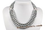 mpn310 Stylish multi-strand grey potato pearl necklace with Rhinestone Encrusted Medallion