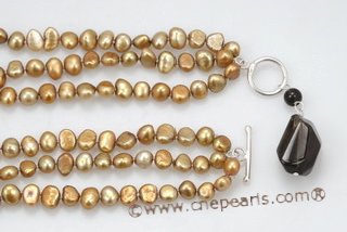 mpn315 6-7mm champagne nugget pearls multi strand necklace with smoking quartz