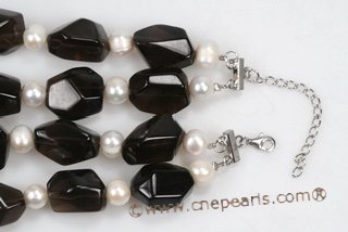 mpn334 Smart White Potato Pearl and Smoking Quartz Layer Necklace