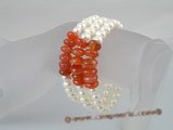 pbr063 Triple strands potato pearl bracelet with red agate beads