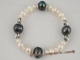 pbr168 Elegance black and white cultured pearl Stretch bracelet with scrollwork beads