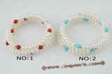 pbr260 White button pearl, blue turquoise/coral flexible bangle bracelet