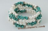 pbr264 White potato pearl& blue turquoise flexible bangle bracelet