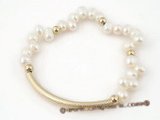 pbr277 Hot selling stretchy bracelet with 6-7mm white side-drilled pearl and gold plated pipe