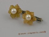 pe012 Adorable 5.5-6mm pearls set on yellow stone flowers tray with silver CLIP  Earrings