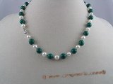 pn008 6-7mm white potato shape pearls & malachite beads necklace