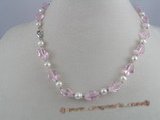pn020 White potato shape pearl necklace with pink crystal beads