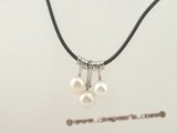 pn034  Black rubber cord chain necklace with 3pcs white pearls