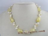 pn052 white side-dirlled cultured pearl necklace with yellow baroque crystals beads