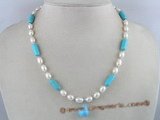 PN064 charmming 6-7mm white rice shape pearl necklace with turquoise beads