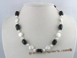 pn070 12mm white coin shape cultured pearl  necklace with tubby black agate