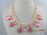 pn085 handcraft knitted 6-7mm white and pink potato pearl bridal & wedding necklace with cat eyes beads