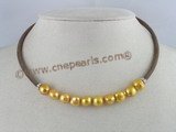 pn092 brown rubber cord & champagne potato shape cultured Pearl  Necklace