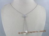 pn094 Silver Lariat Necklace with White Freshwater Rice Pearls (8-9mm), 16.5 inches