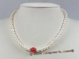 pn197 7-8mm white button shape pearls & coral beads necklace