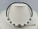 pn208 Black rubber cord & south sea shell pearl beads necklace