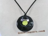 pn244 Black glass pendant necklace dangling with cultured pearl