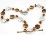 pn287 Hand warpped silver plated cultured coin pearl necklace in coffee color