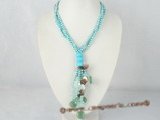 pn289 Three rows blue nugget seed pearl necklace with braids charm