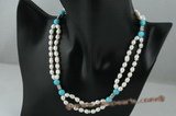 pn357 Cultured rice pearl and turquoise princess necklace in waves cast