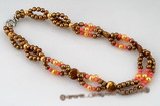 pn358 Coffee color Cultured Pearl and pink coral princess necklace