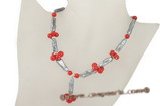 Pn398 Stylish red coral and black biwa pearl Y style princess necklace