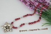 Pn431 Wine Red Nugget Pearl and 925 Silver Flower Pendant Necklace