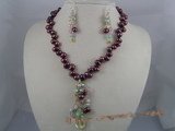 PNSET010 7-8mm wine red top-dirlled pearl necklace & earrings se