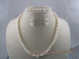 pnset023 white button shape cultured pearl necklace&bracelet sets with rose quartz beads