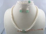 pnset024 white button shape cultured pearl necklace&bracelet sets with chinese jade beads