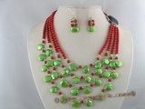 pnset051 four strands 5mm red round coral beads necklace and earrings sets with green coin pearl