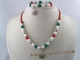 pnset073 7-8mm rice pearls alternater with gemstone necklace and bracelet set
