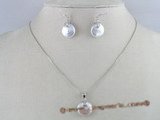 pnset078 12-13mm white coin pearl peandant  necklace earrings set