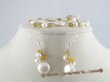 pnset080 white coin pearl& crystal bracelet earrings set