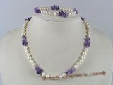pnset102  wholesale white potato pearl &amethyst beads necklace bracelet set