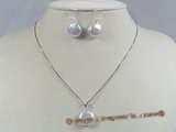 pnset122 12-13mm white coin pearl peandant necklace earrings set